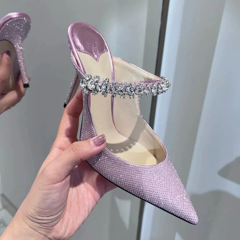 Women's Glitter Pink Pointed Toe Mule High Heels, Rhinestone Strap Elegant Evening Party Dress Shoes---168-1