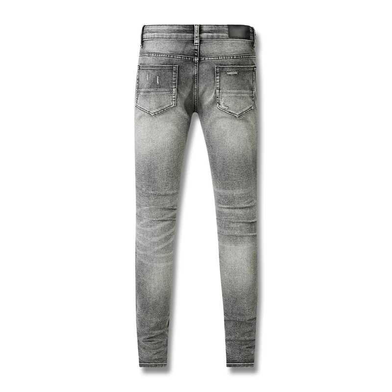 Fashion Mens High Streetwear Distressed Gray Stretch Skinny Ribs Patchwork Ripped Jeans Comes With Orignal Tags Y251124