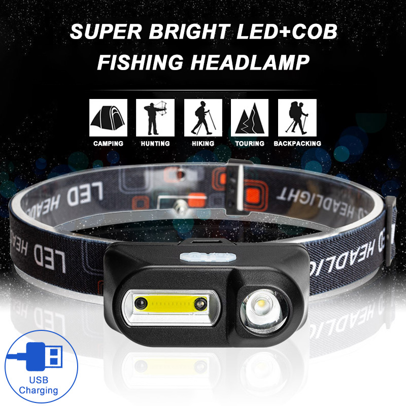 Rechargeable Headlamp Outdoor Fishing Headlight Super Bright Head Torch, XPE+COB Dual Lights, Powered for Camping Hiking Caving Waterproof Head Lamp