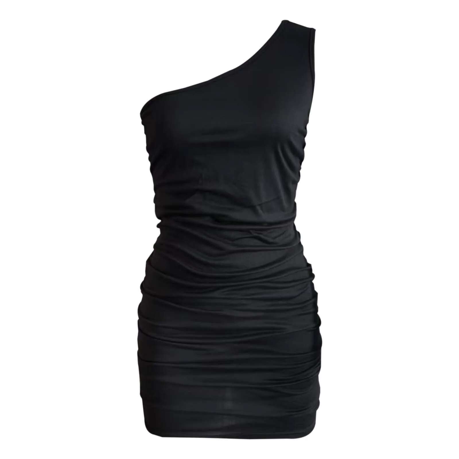Dongdumaoyi Women S Clothing Summer Sexy Mini Dress Black Sleeveless Slant Shoulder Pleated Wrap Hip Dresses Evening Party