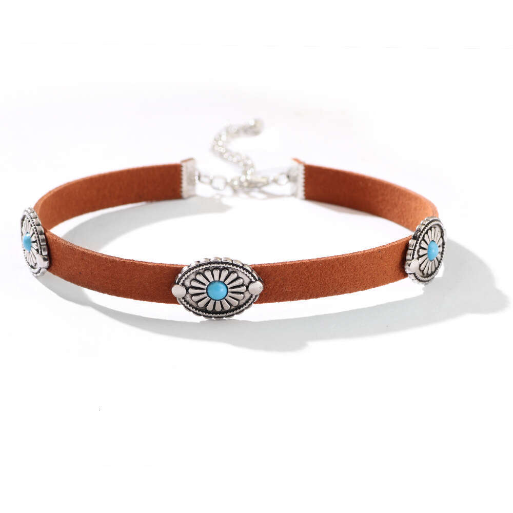 Fashion Metal Flower Plate Turquoise Korean Veet Necklace Choker Bohemian Neckchain Collar