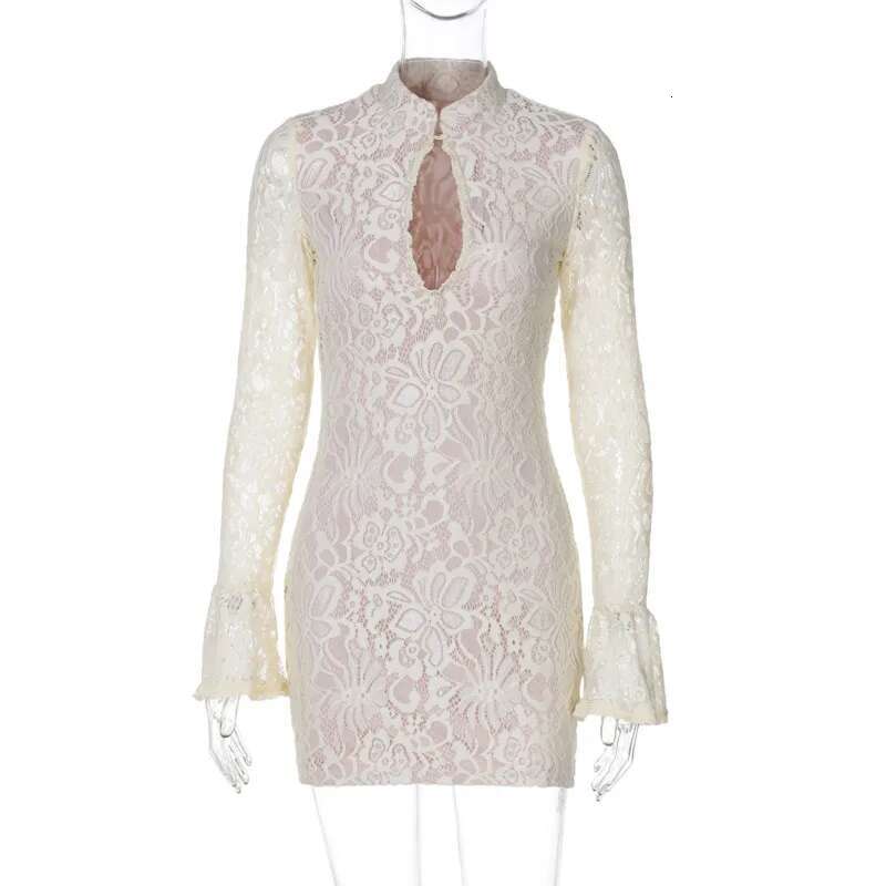 Dongdumaoyi Townlike White Lace Slim Bodycon Dress Women Mini Autumn Winter Low Cut Nightclub Sexy Party Dresses With Lining