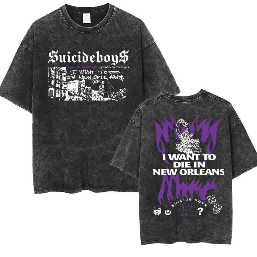 Rap singer suicide boy 2025 retro wash T-shirt mens hip-hop album punk gothic short sleeved T-shirt hip-hop streetwear W250425