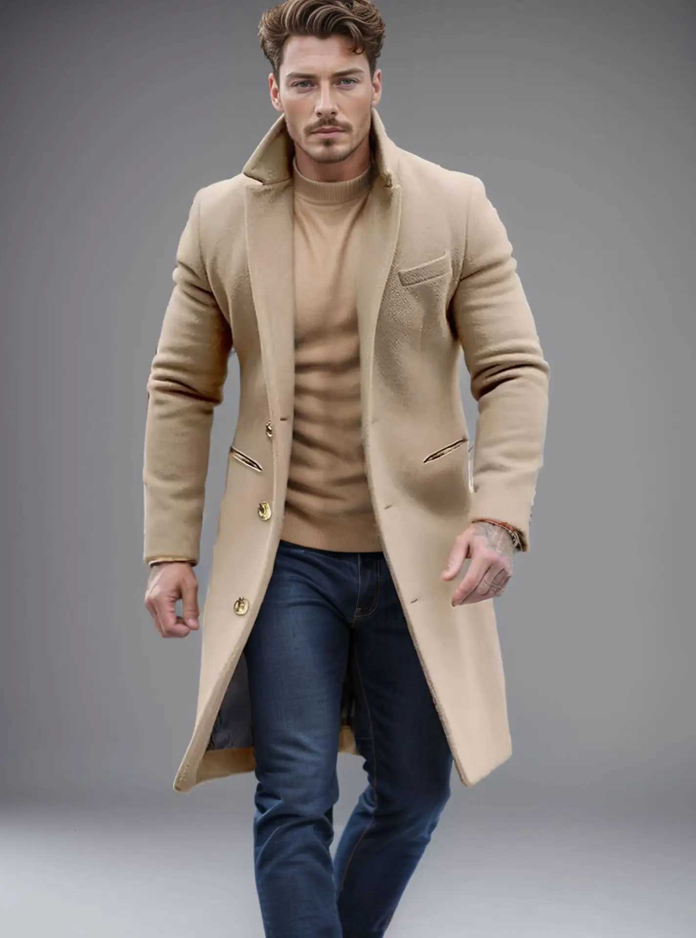 Lapel Wool Blend Mens Trench Coats Warm Long Overcoat For Man Winter Mid-Length Mans JacketsT251125