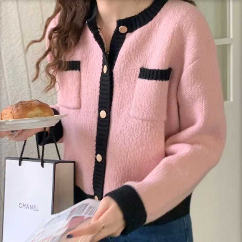 Korean O Neck Contrasting Color Womens Small Fragrance Style Knitted Cardigan Autumn Fashion Short Elegant Sweater Cardigan NewT251125