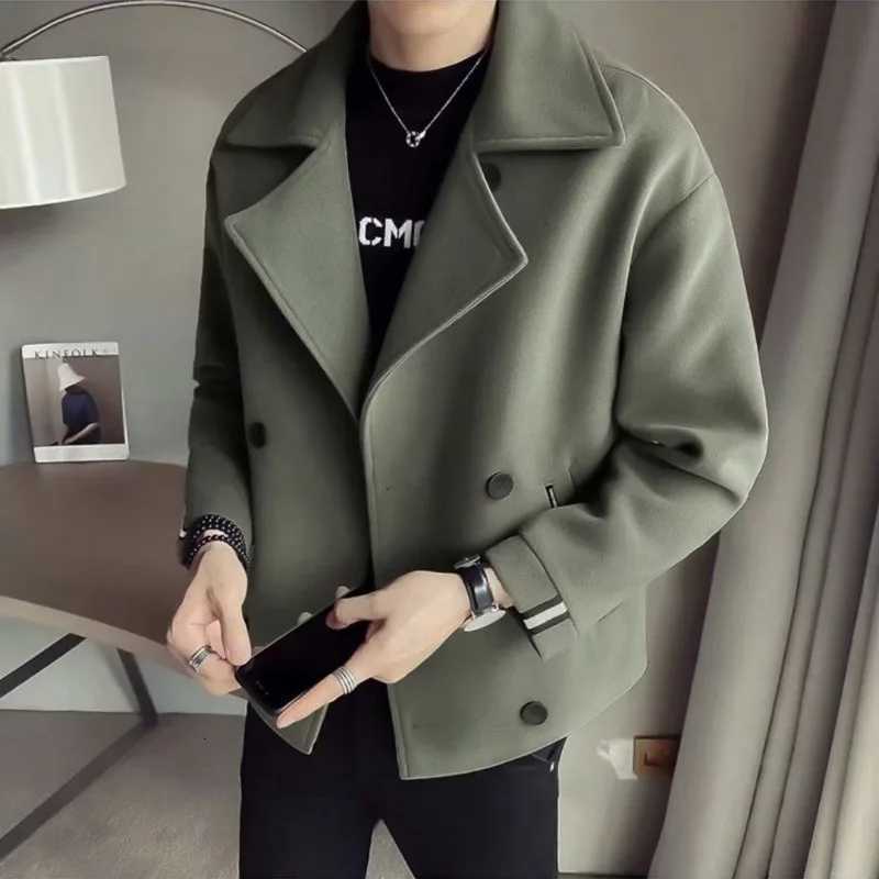 Autumn and Winter Mens Woolen New Style Spliced lapel Button Pocket Fashionable Solid Color Loose Casual Windbreaker JacketT251125