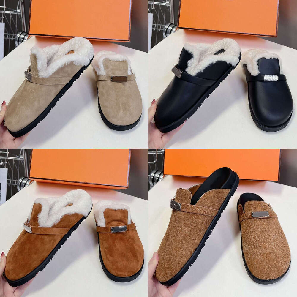 TOP Luxury mule sabot clog sandal designer shoe Shearling fur slide kelly buckle Suede Flatform Winter Fur Slipper mens Womens Mules Slippers tazz slipper shoes