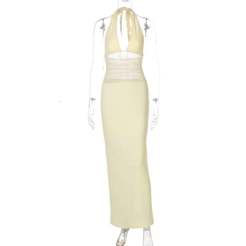 Dongdumaoyi Townlike Mesh Patchwork Slim Bodycon Dress Women Halter Spring Summer Maxi Long Backless Sexy Party Dresses