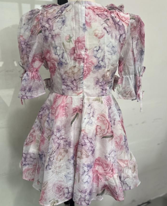 Womens tie dye 3D floral deep Vneck sparkling sleeve mini dress fashionable ultrathin printed multi pleated Vestidos womens holiday clothing 250327