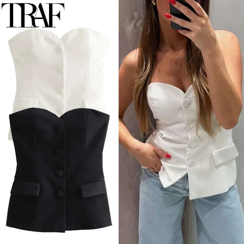 Designer Clothes TRAF Black White Crop Women Off Shoulder Corset Tube Tops Woman Summer Backless Vest Sexy Strapless Tank Top