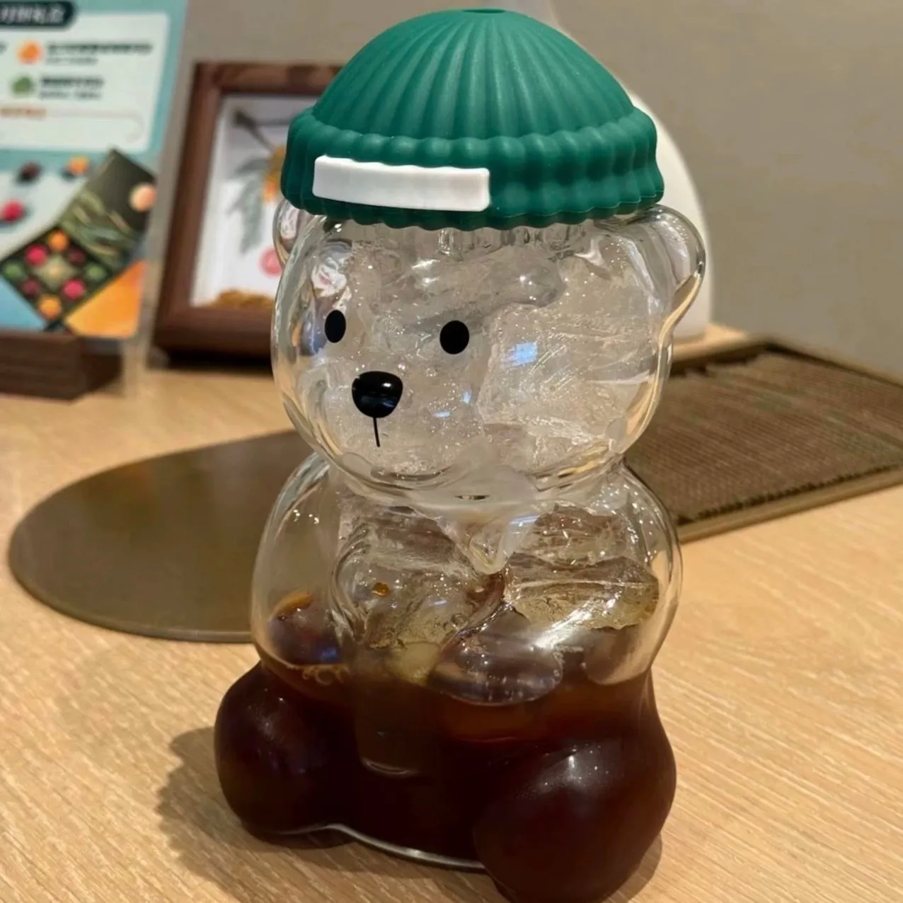 20oz Glass Bear Tumblers Cup with Straw Cute Transparent Glass Cup with Hat Iced Coffee Cold Drink Gift Water Bottle
