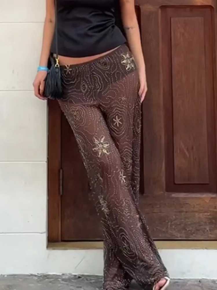 Sparkling beads diamonds snowflake pants womens embroidery straight party evening see through Trouser summer party womens pantsC250425