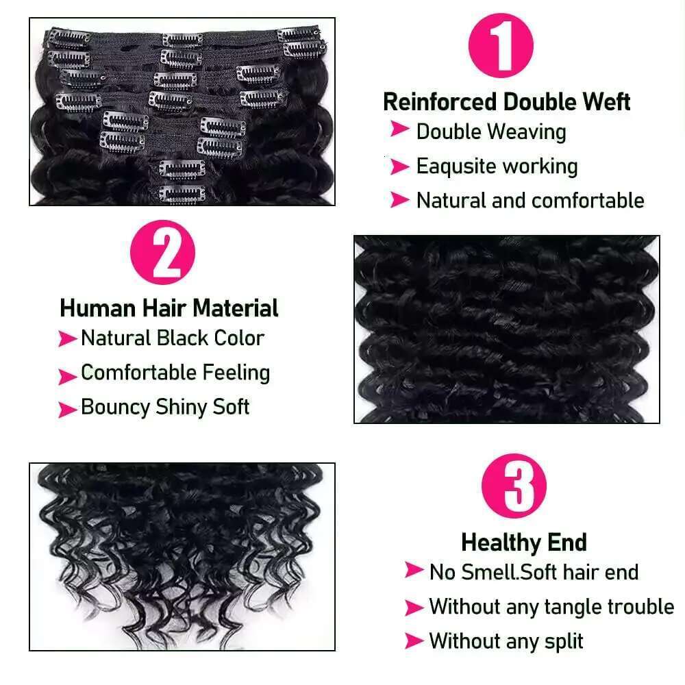 Deep Wave Extensions 100% Human Brazilian In Natural Black Color Clip Ins Remy Hair 10-26 Inch For Women