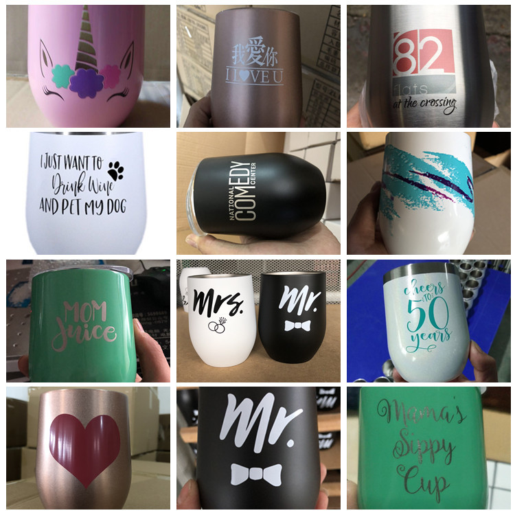 12oz stainless steel vacuum insulated wine glasses with lid powder coated egg shape cup drinking tumblers colors customize logo A1