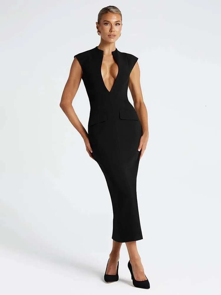 Dongdumaoyi Townlike Pockets Slim Bodycon Dress Women Elegant Midi Long Summer Deep V Neck Nightclub Sexy Party Dresses