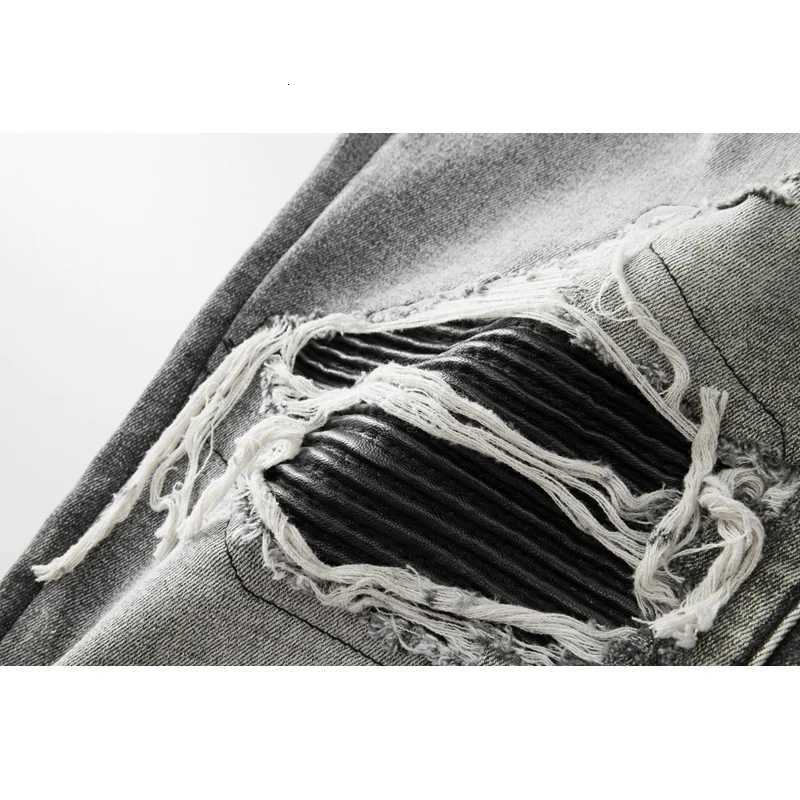 Fashion Mens High Streetwear Distressed Gray Stretch Skinny Ribs Patchwork Ripped Jeans Comes With Orignal Tags Y251124