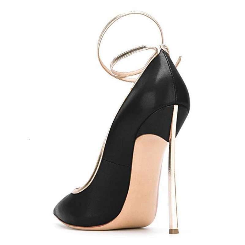 Spring and autumn new pointed shallow leather lace-up single metal high-heeled banquet dress large size women's shoes