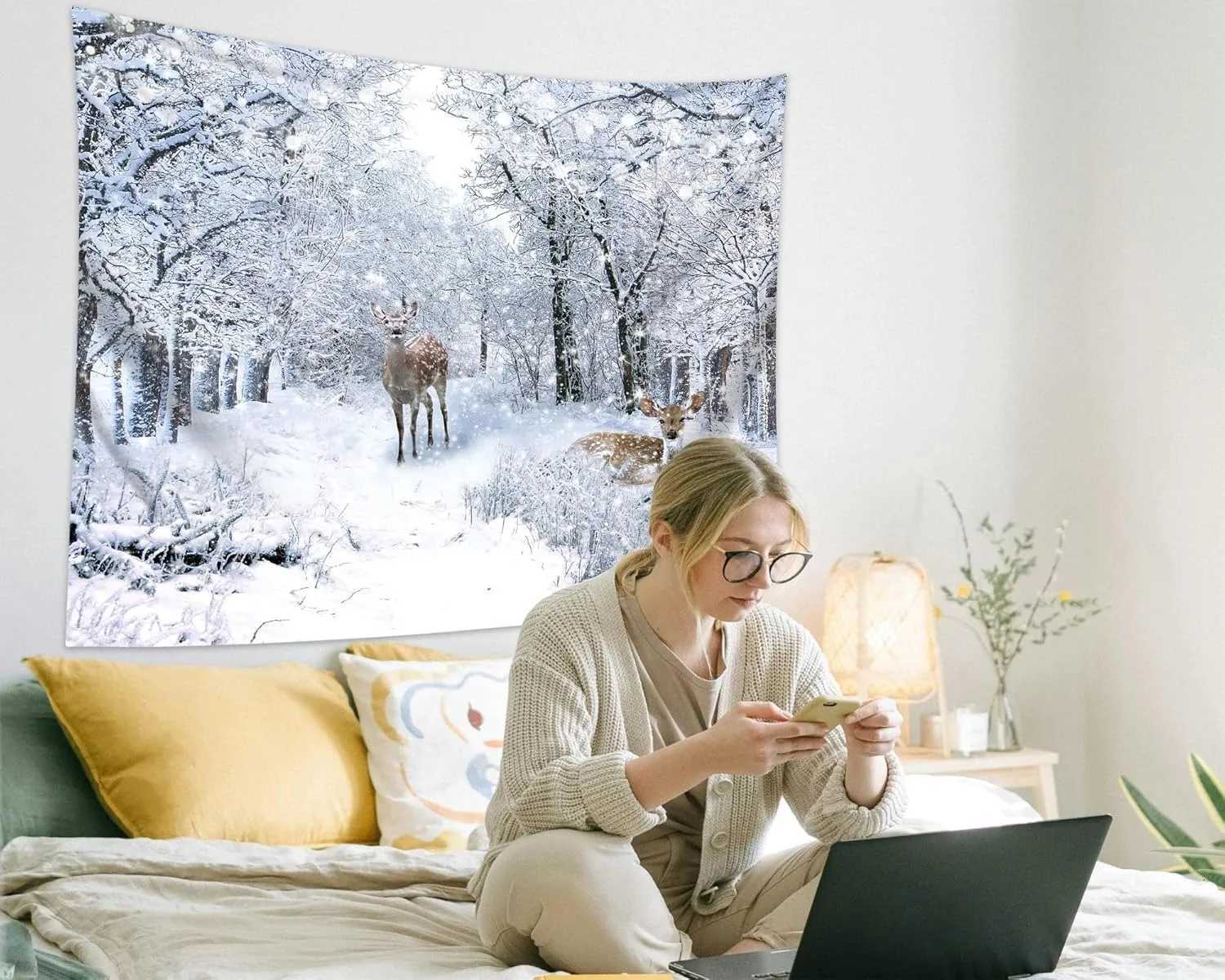 Winter Snow Scenery Forest Christmas Decoration Print Tapestry Christmas Party Decoration Banner Home Studio Wall Mounted DecoraM251125