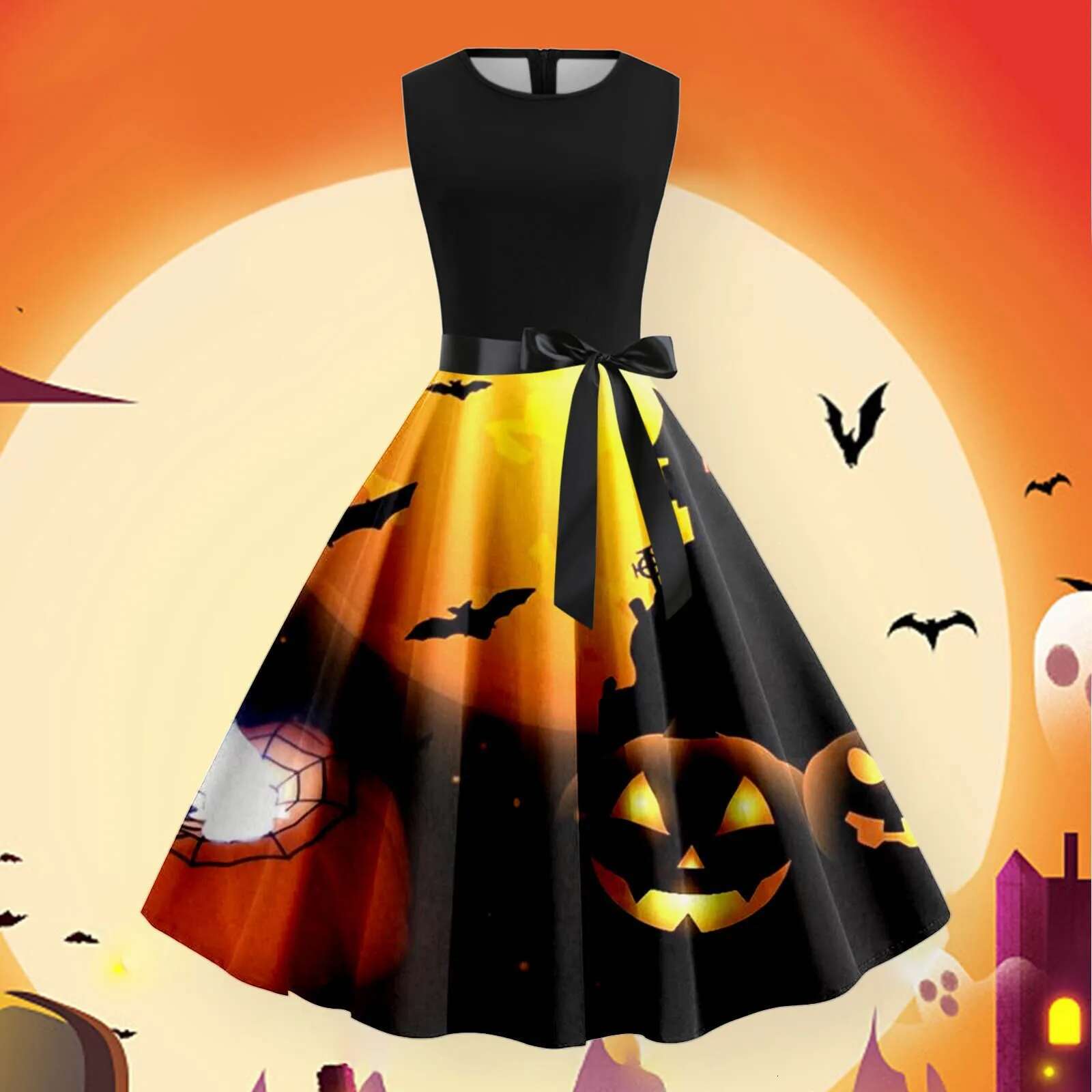 Dongdumaoyi Halloween Dresses For Women Vintage Gothic Pumpkin Printed Strapless Princess Long Slim Belt Waisted Cocktail Maxi Dress