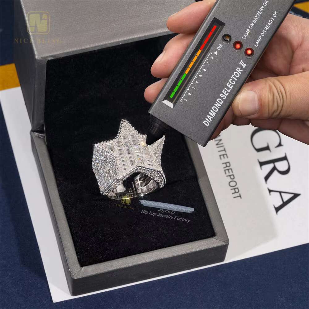 Luxury Fashion Jewelry 925 Sterling Silver VVS Baguette Moissanite Diamond Men Rings Hiphop Bling Iced Out Star Ring