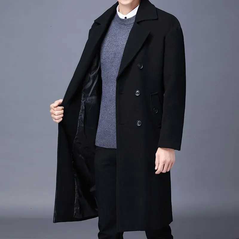 Mens Long Woolen Overcoat for Winter Korean Style Loose Fit Suit Collar Double Breasted Cotton Lined Warm and Stylish OuterwearT251125