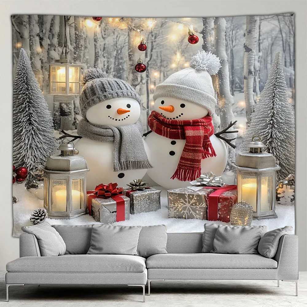 Christmas Tapestry Cute Snowman Xmas Tree Gift Outside Window Winter Forest Scenery New Year Home Living Room Decor Wall HangingM251125