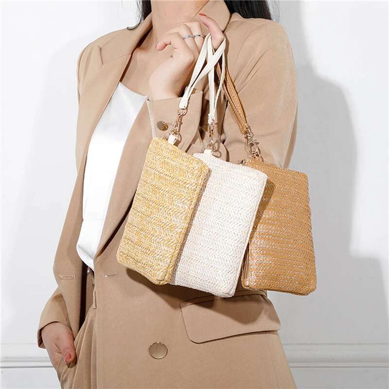 Weaving Fashion Ladies Wristlet Women Daily Money Phone Clutch Solid Straw Woven Coin Purse Beach Wallet Card Bag