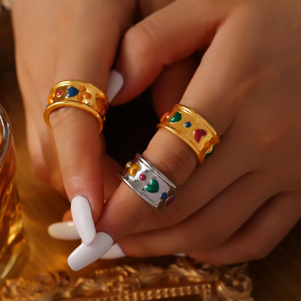 Colorful Heart Stainless Steel Rings For Women Trend Enamel Womens Ring Jewelry Woman Wedding Gift 250425