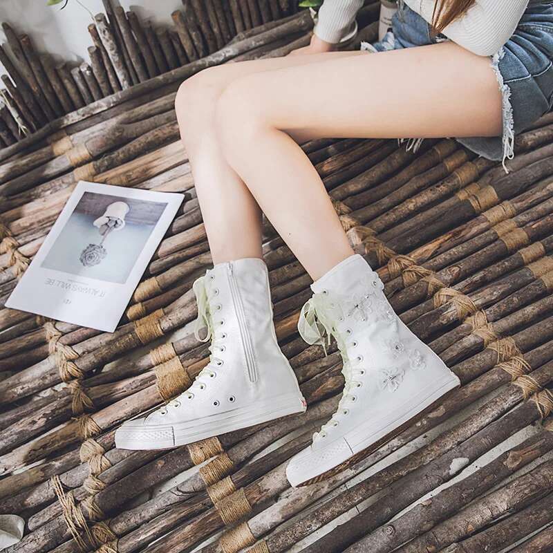 Spring new side zipper ribbon pearl butterfly flower medium canvas boots casual flat heightening large size women's shoes
