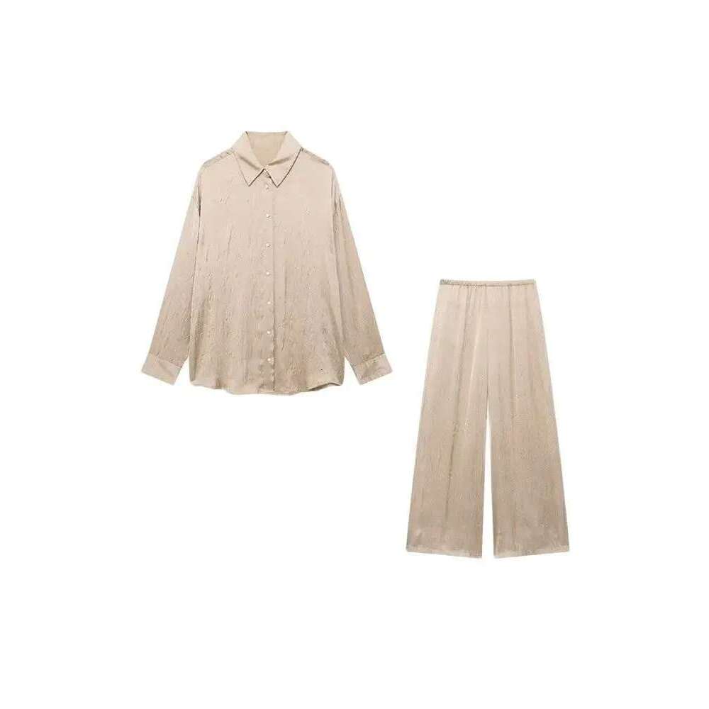 TRZA Women Fashion Creased-Effect Satin Shirts And High Elastic Waist Wide Leg Pants Female Two Piece Sets Mujer