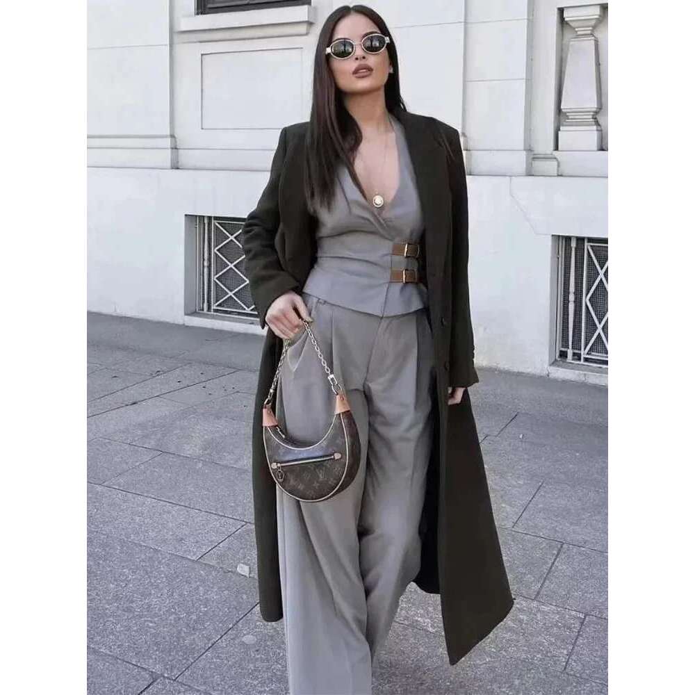 ZABA Women's Fashion With Belt Hanging Neck Halter V-Neck Top + Casual High-Waisted Pleated Suit Pants Two-Piece Set