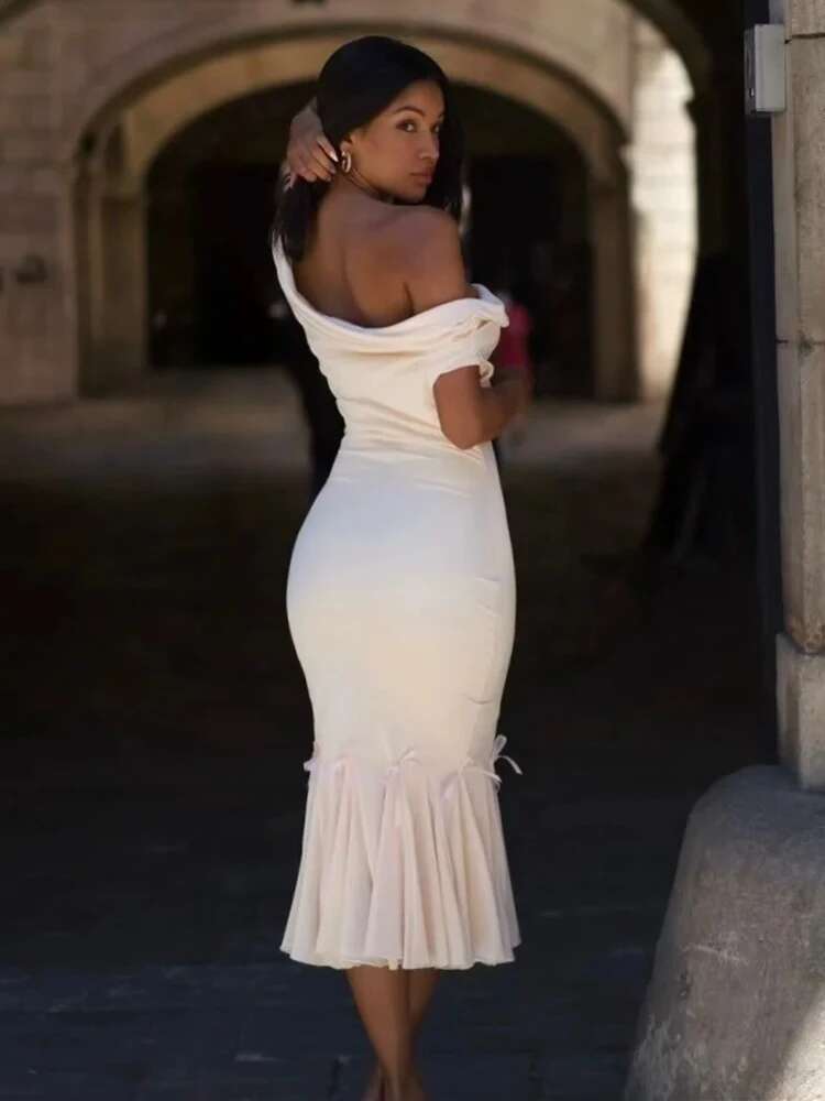 Dongdumaoyi Townlike Midi Long Elegant Mermaid Dress Women One Shoulder Summer Pleated Slim Bodycon Sexy Party Dresses