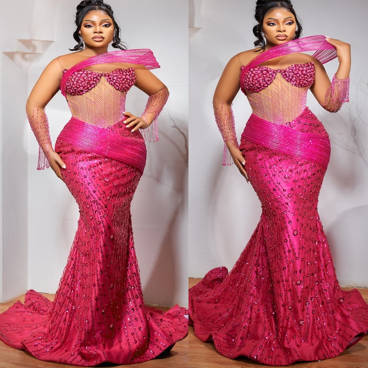 Fuchsia Mermaid Plus Size Prom Dresses 2025 Beaded Sequined Full Sleeves Evening Formal Party Second Birthday Engagement Gowns Dress For Special Occas