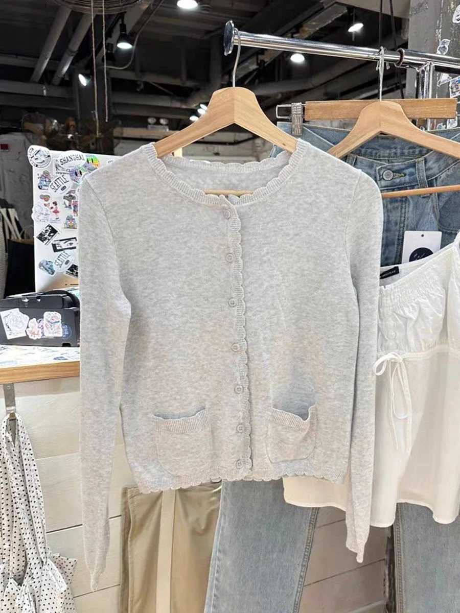 Gray Pockets Knitted Sweater Cardigan Women Autumn Cotton Round Neck Long Sleeve Sweaters Sweet Preppy Style Knitwear Y2K TopsT251125