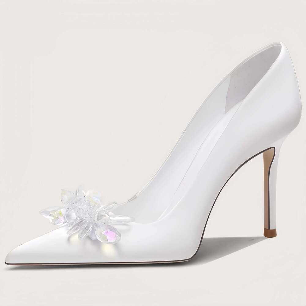 Spring and summer new pointed shallow satin crystal bride wedding thin high-heeled banquet dress small size women's shoes