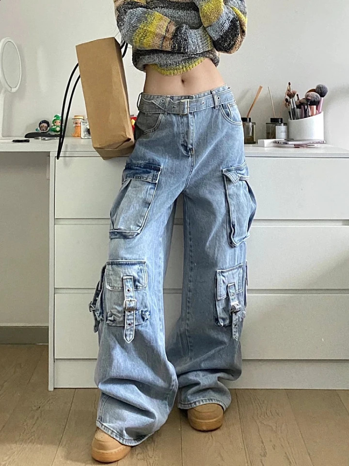 Autumn and winter womens cargo jeans American street style bagged cargo pants womens blue multi pocket wide leg jeans 250422