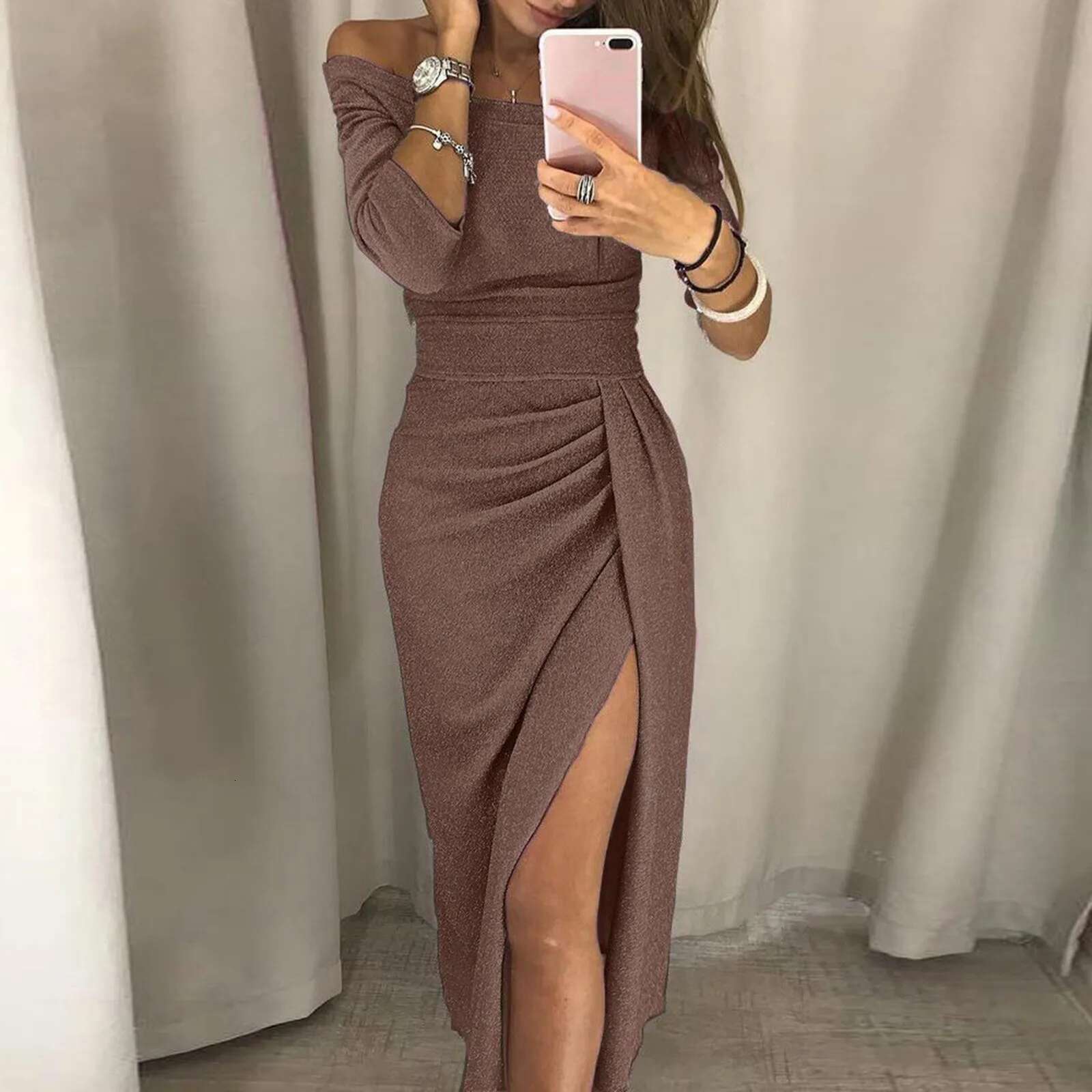 Dongdumaoyi Elegant Asymmetrical Split Pencil Dresses Women S Sexy Off Shoulder Long Sleeve Bodycon Evening Party Dress Prom Club