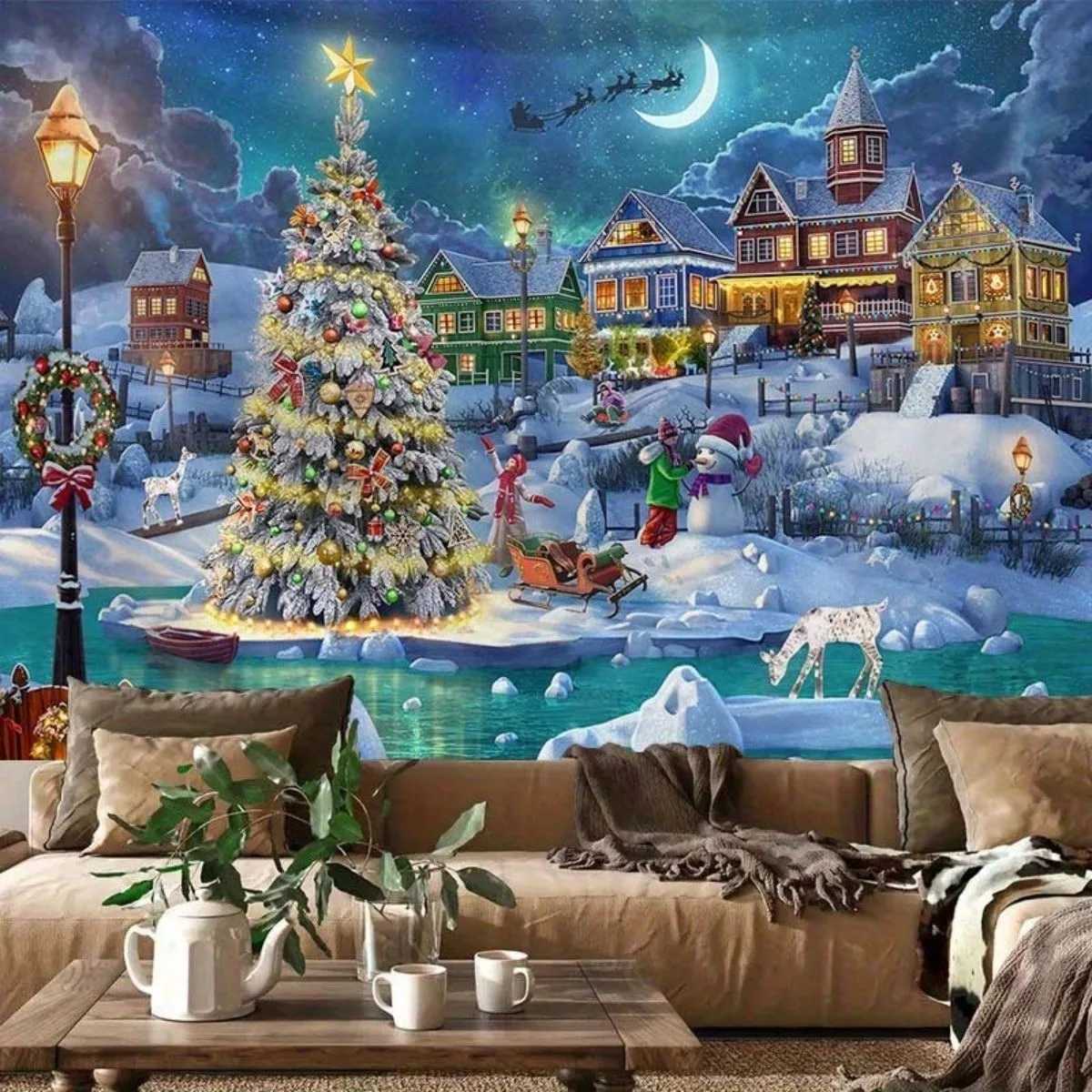 Christmas Snow Village Tapestry Multiple Sizes 2D Print Santa Sleigh Street Lights Cozy Scene Polyester Wall Art Living RoomM251125