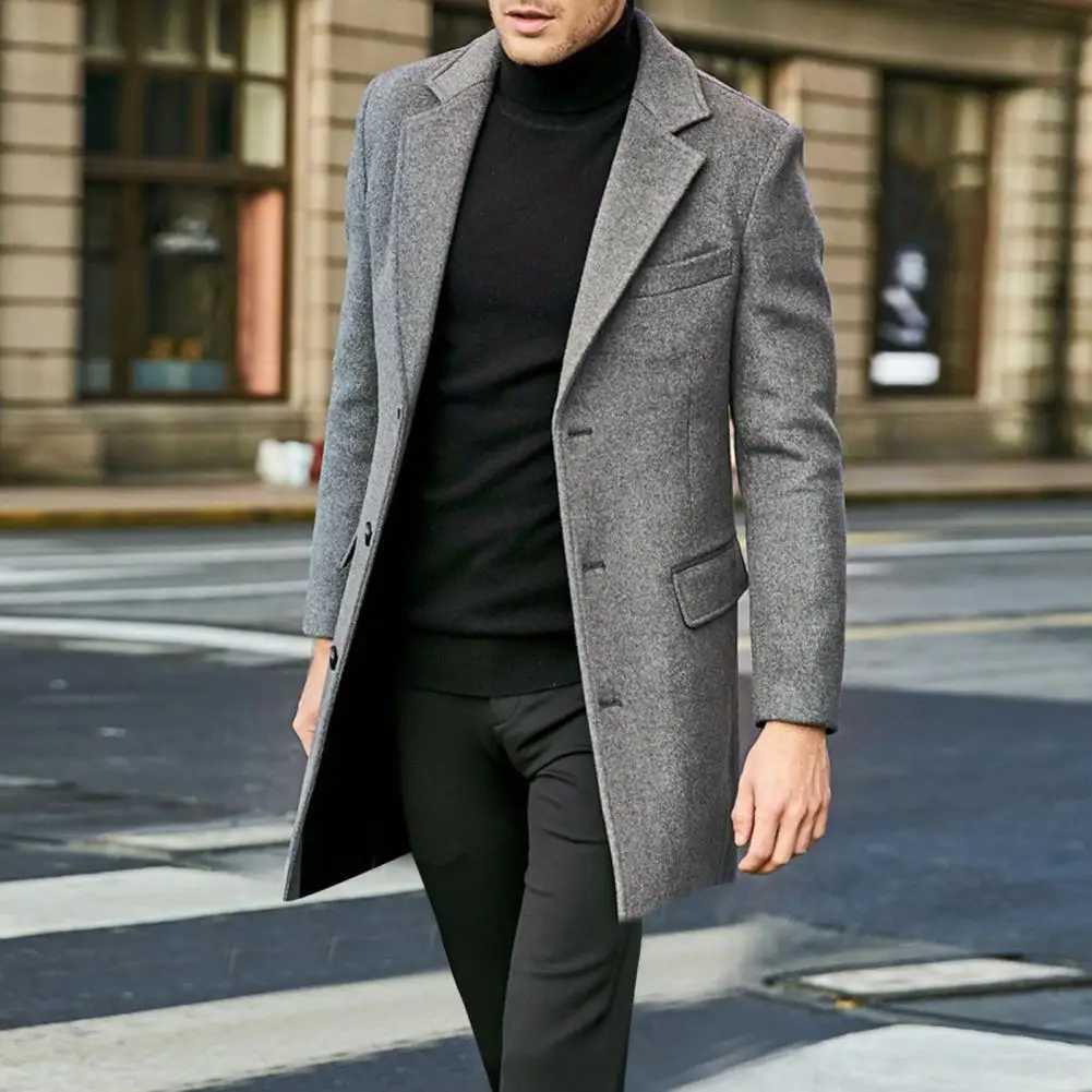 Classic Button-breasted Coat Stylish Mens Winter Suit Coat with Lapel Flap Pockets Single-breasted Mid-length Warm for ColdT251125