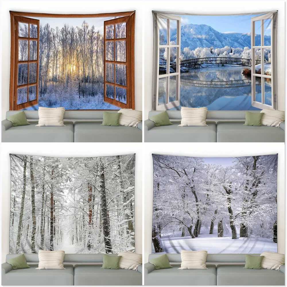 Window Outside Snowflake Forest Tapestry Winter Landscape Tapestries Wall Hanging Home Art Decor Blanket for Bedroom Living RoomM251125