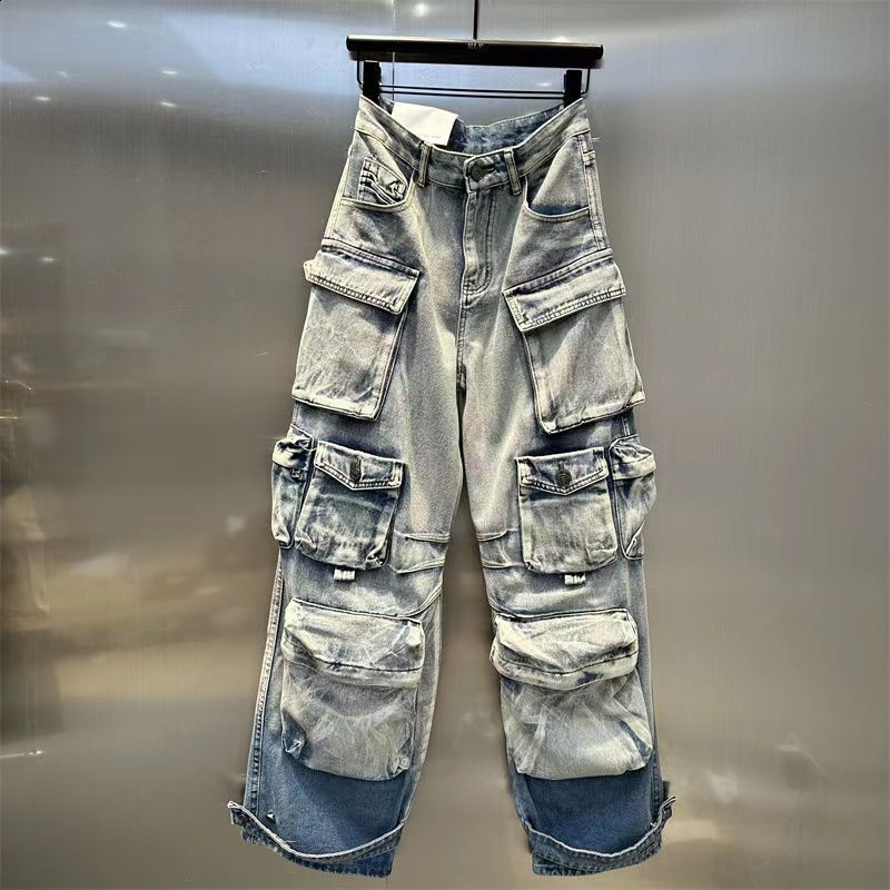 Womens blue pocket Y2k freight jeans Harajuku oversized jeans Trouser retro Japanese 2000s style ripped jeans garbage clothing 241031