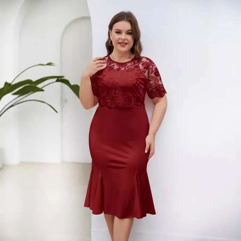 Dongdumaoyi New Plus Size Embroidered Patchwork Slim Fit Dress C