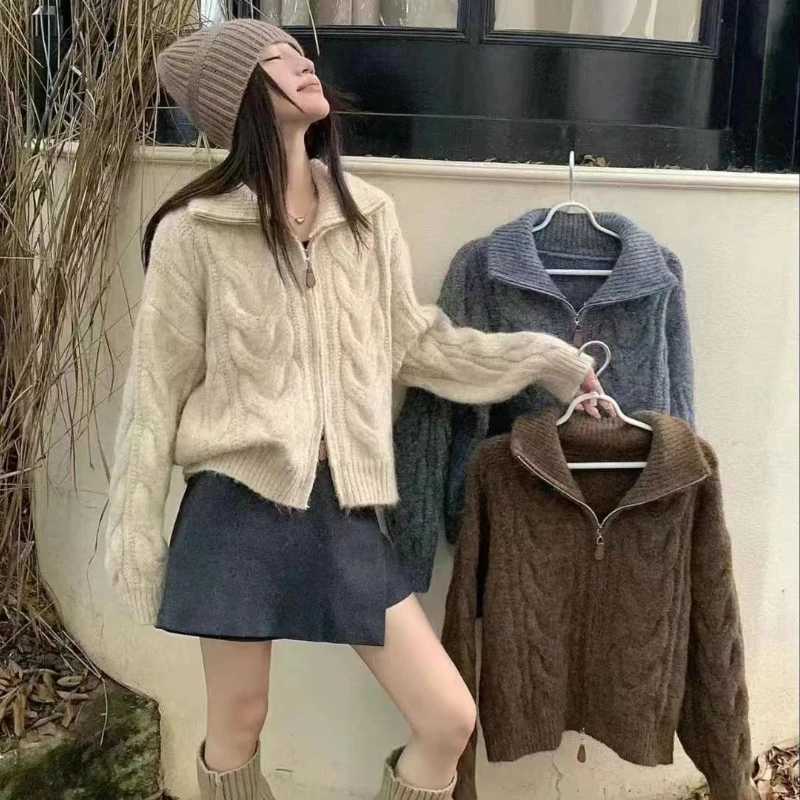 NEW Chic Autumn Winter Womens Long Sleeve Sweater Knit Cardigan with Double Zipper Design Retro Casual Fashion Warm OuterwearT251125