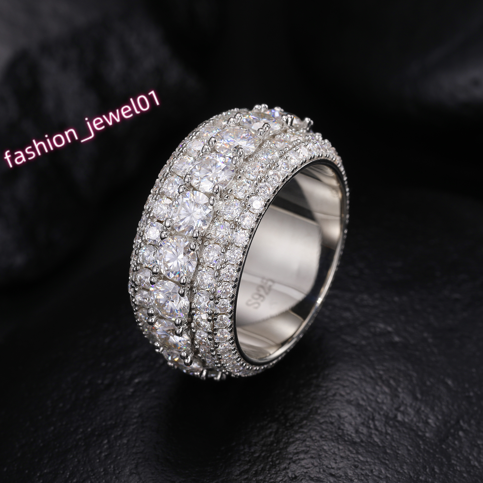Luxury 5 Rows Moissanite Ring Men 925 Sterling Silver Shiny Fashion Jewelry Passes Diamond Tester Engagement White Gold Finish