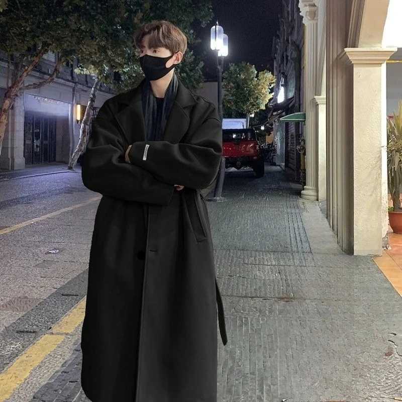 Mens Long Overcoat Thickened Wool Blend Trench Coat Korean UK Style Mid Length To Knee Fashion Ins Trendy Winter JacketT251125