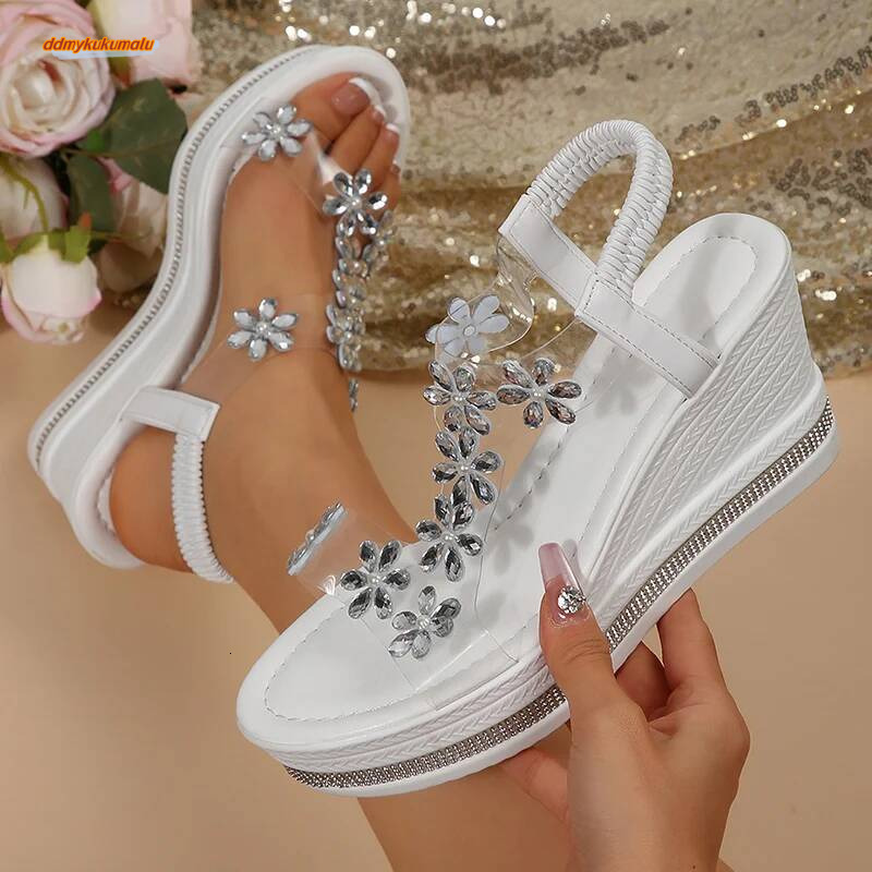Rhinestone Flower Wedge Heel Sandals for Women Summer 2025 Bohemian Style Beach Shoes Woman Transparent PVC Platform Sandalias ddmykukumalu
