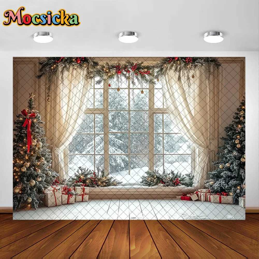 Mocsicka Photography Background Winter Christmas Tree Window Veil Decoration Backdrop Family Kids XMAS Holiday Party Prom StudioM251125