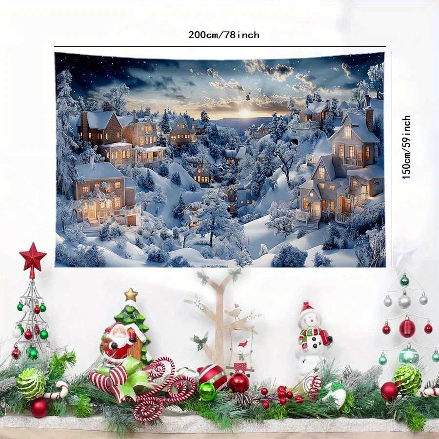 Christmas Landscape Tapestry Festive Wall Decor Snowy Village Design Multi-Use Holiday Banner for Home Kitchen PartyM251125
