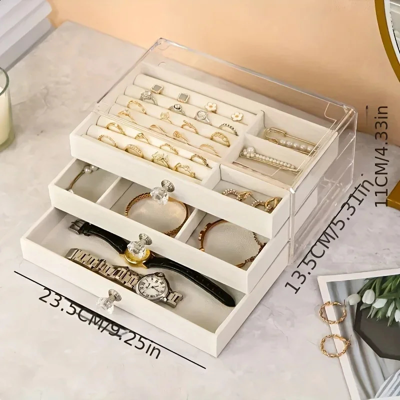 -3Tier Dust-Proof Acrylic Jewelry Organizer Box Elegant Modern Rectangular Tabletop Display Case jewelry boxes 250424