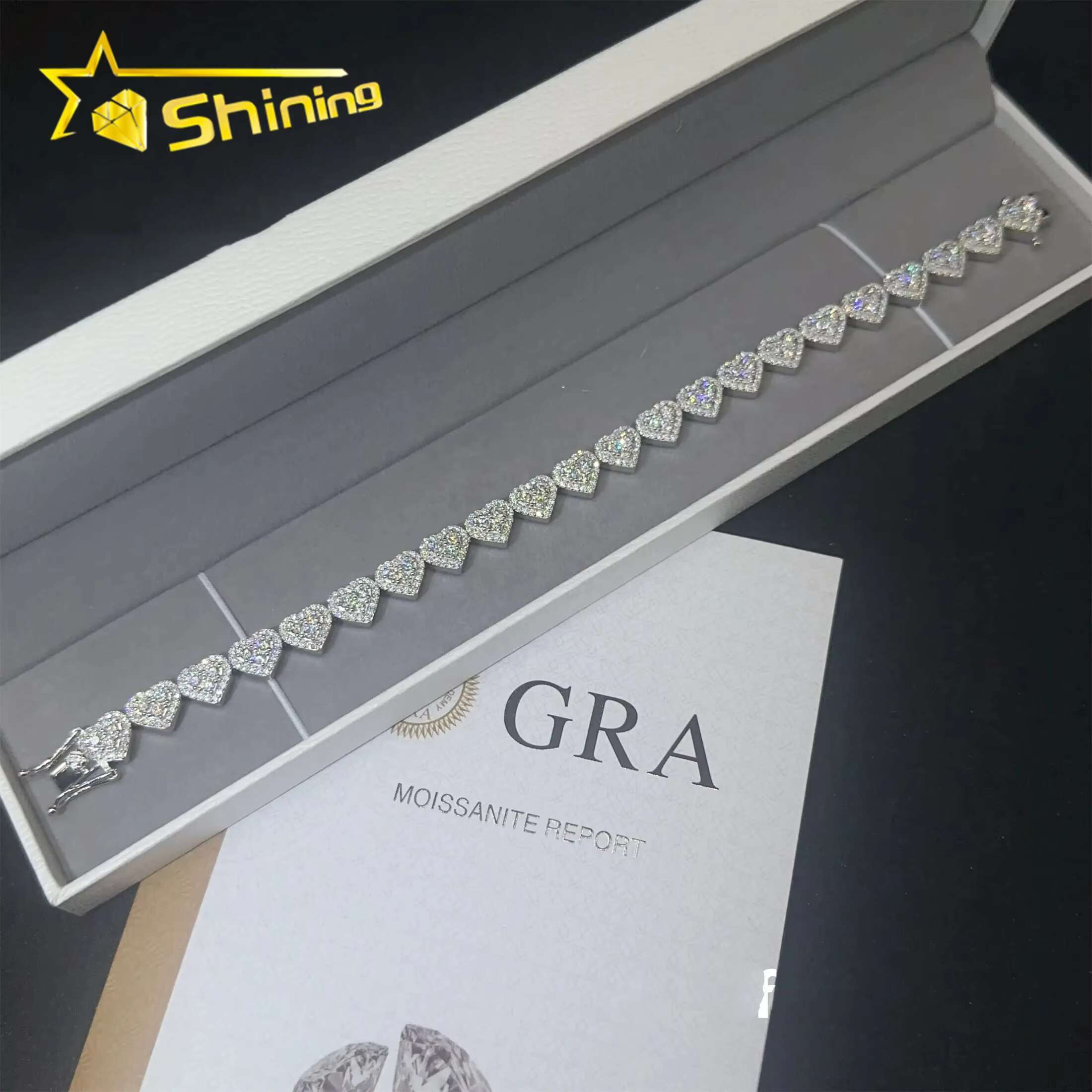 Wholesale Price Sterling Silver 925 Iced Out Vvs Moissanite Fine Hip Hop Jewelry Heart Cuban Link Chain Bracelet for Women
